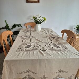 Large Hand embroidered Linen Tablecloth , Rare Beige Linen & Grey Embroidery